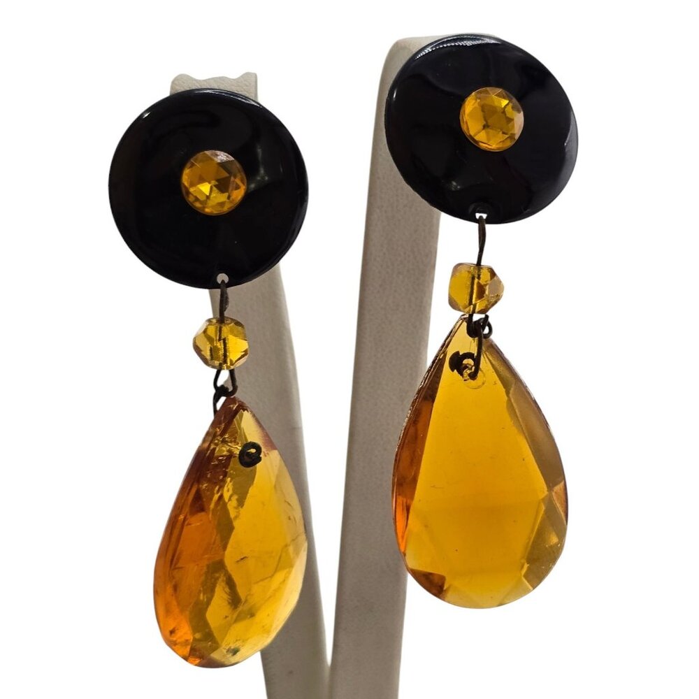 Unique Acrylic And Faceted Crystal Dangling Clip Earrings (A1574)
